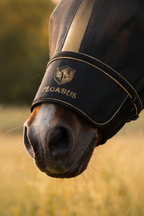 Horse with Pegasus mask outdoors