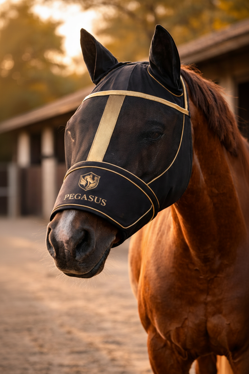 Horse with Pegasus mask outdoors